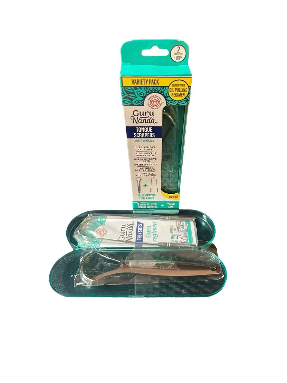 GuruNanda Stainless Steel Tongue Scraper Variety Pack with Travel Case (2-Pack)